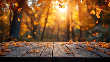 Autumn fall background with orange and yellow leaves falling on a wooden table top, in a serene forest during sunset. Tranquil nature scene.