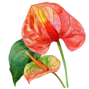 watercolor anthurium flowers, green leaves, white background clip art preview