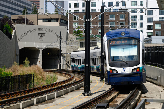 Bellevue, WA, USA - August 14, 2024; Seattle Link Light Rail train entering the Downtown Bellevue Tunnel on curve