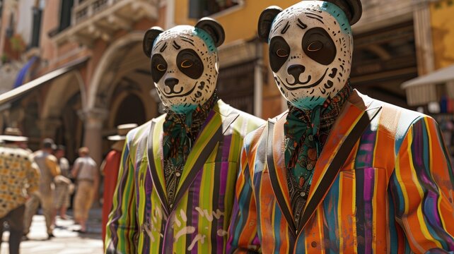Panda Masked Individuals Wearing Multicolored Striped Suits Standing in a Vibrant Urban Street Fair or Festival SettingMasked individuals