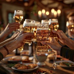 Group of Friends Celebrating with Beer Toasting in Cozy Rustic Pub, Warm Atmosphere with Food and Cheerful Ambiance, Authentic Tavern Settingcheers