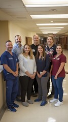 Fototapeta premium A group of healthcare professionals stand together in a hallway, smiling at the camera.