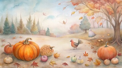 Autumn landscape with pumpkins, a candle, and a pheasant, symbolizing the bountiful harvest and warmth of the season. Watercolor illustration perfect for Thanksgiving, fall, and seasonal celebrations