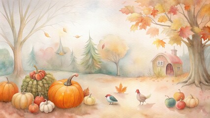 Serene autumn landscape with pumpkins, a candle, and a pheasant, symbolizing the bountiful harvest and warmth of the season. Watercolor illustration perfect for Thanksgiving, fall, and seasonal celebr