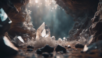 A cavern where large crystal shards float mysteriously in mid-air, rotating slowly as they emit