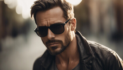 A close-up of a ruggedly handsome man with stubble and strong jawline, wearing square