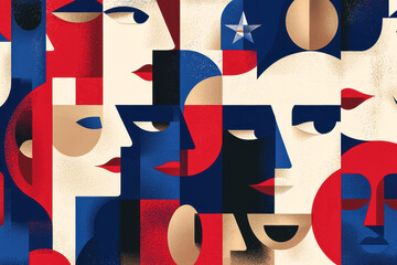 Abstract Faces in Patriotic Colors for Election 2024. A modern, geometric design of diverse faces in red, white, and blue, representing unity and participation in the 2024 election.
