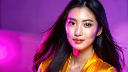 Obraz premium Stylish Asian woman with long hair in vibrant lighting with yellow and purple tones