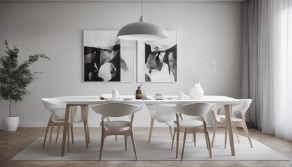 A minimalist dining room with a sleek, white dining table and modern chairs in a bold, contrasting