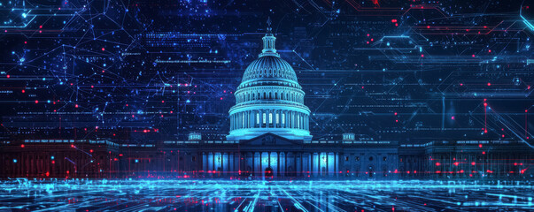 The US Capitol is depicted with dynamic blue and red streaks, representing the merging of technology with the political landscape.