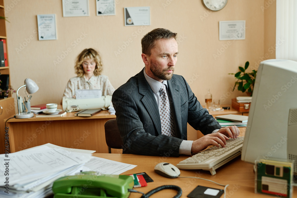 Aufkleber man and woman working in office setting with desks, documents, and various office equipment. man foc