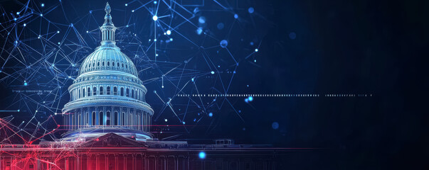 The US Capitol is depicted with dynamic blue and red streaks, representing the merging of technology with the political landscape.