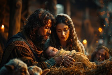Peaceful Nativity Scene with Joseph, Mary, and Baby Jesus Surrounded by Shepherds and Animals in a Rustic Stable Settingnativity