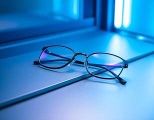 a minimalist arrangement of eyeglasses on a sleek metallic surface, with cool blue lighting creating a modern atmosphere create with ai