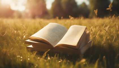 A peaceful meadow where enormous, open books rise out of the grass, their pages filled with vibrant