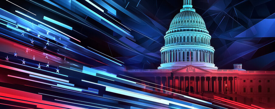 The US Capitol is depicted with dynamic blue and red streaks, representing the merging of technology with the political landscape.