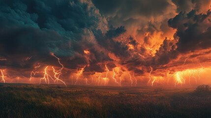A dramatic thunderstorm over the Great Plains, with lightning striking in multiple places and dark clouds gathering above. The scene captures the intense weather conditions, showcasing the natural cha