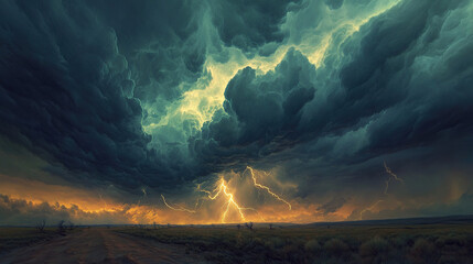 A dramatic thunderstorm over the Great Plains, with lightning striking in multiple places and dark clouds gathering above. The scene captures the intense weather conditions, showcasing the natural cha
