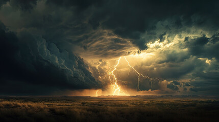 A dramatic thunderstorm over the Great Plains, with lightning striking in multiple places and dark clouds gathering above. The scene captures the intense weather conditions, showcasing the natural cha