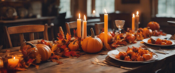 A richly decorated table set for an autumn feast, with a centerpiece of pumpkins, gourds, and colorf 