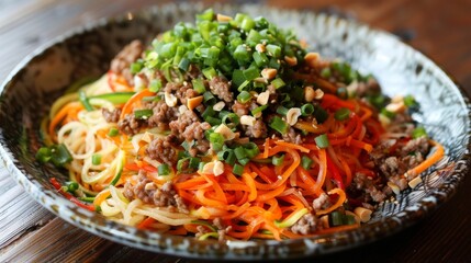 Colorful venison and veggie plate with zucchini, cabbage, bell pepper, green onions, and peanuts