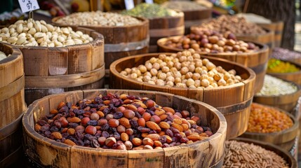 Realistic photo of organic market stall with nuts, seeds, and dried fruits in wooden containers