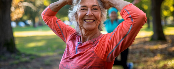 happy elderly woman exercising in the park