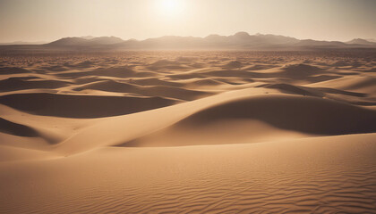 A vast alien desert landscape, with towering sand dunes that stretch into the distance