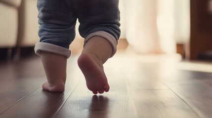 A baby's feet taking their first steps on a wooden floor.