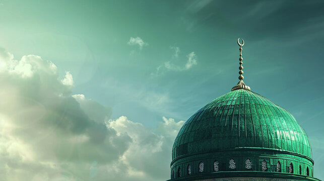 Eid E Milad Un Nabi concept A picture of a green dome with a clock on top. ramadan Kareem, Eid Mubarak Islamic festival social media banner.