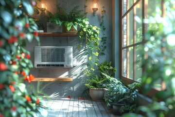 Sunlit Room with Air Conditioner, Wooden Shelves, Lush Indoor Plants, and Natural Light Flowing Through Large Windows Creating a Cozy AtmosphereSunlit room