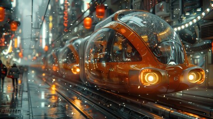 Futuristic Orange Pods in High-Tech City at Night with Falling Snow, Illuminated Neon Lights, and Reflective Wet Streets in Urban SceneFuturistic transportation