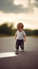 A toddler boy looks down at a puddle on a paved road.