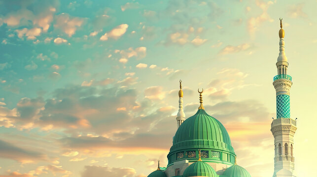 Eid E Milad Un Nabi concept A picture of a green dome with a clock on top. ramadan Kareem, Eid Mubarak Islamic festival social media banner.