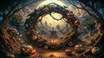 Spooky Halloween Wreath with Pumpkins and Skulls in a Haunted Forest