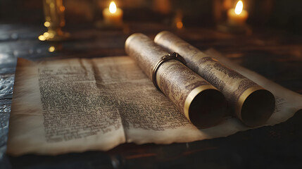 Fototapeta premium Un rouleau de la Torah découvert avec des ombres douces espace pour le texte de droite