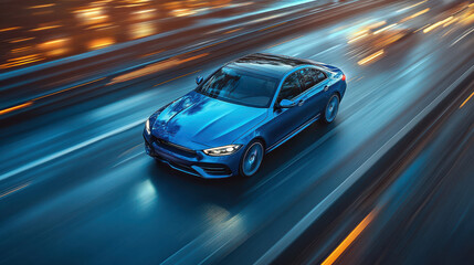Sleek blue business car driving fast on wet highway road at night, with blurred city lights reflecting on the road, emphasizing speed and modern urban lifestyle.