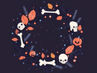 Halloween wreaths Wreaths made of black leaves, bones, and spooky ornaments, flat design illustration