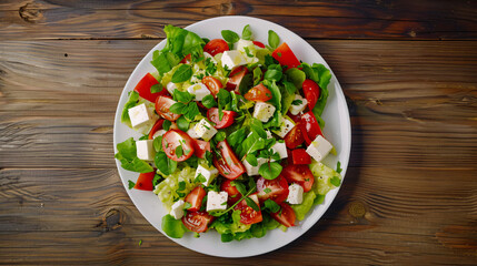 Vibrant greek salad with fresh ingredients on a rustic table, perfect for a healthy meal or snack. Top view with copy space for design projects. Enjoy the delicious flavors and textures!