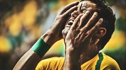 A young man wearing a yellow jersey with green accents, cries in anguish, his face covered by his hands.