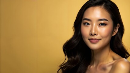Confident Asian woman against a mustard yellow background with soft lighting