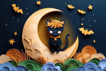 Fototapeta premium Halloween Paper Cut Art of Black Cat on Crescent Moon with Stars and Bats