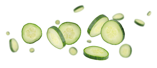 Sliced cucumbers fly and levitate in space. Isolated on white