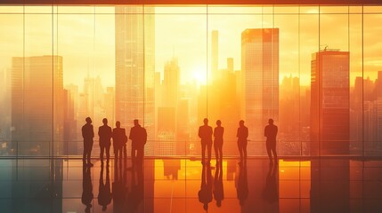 Fototapeta premium Silhouettes of Businesspeople Looking at a Cityscape at Sunset