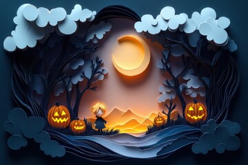 Paper Cutting of Creepy Forest with Twisted Trees and Glowing Jack-o'-Lanterns
