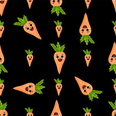 A seamless pattern with a funny carrot. Funny carrots in a seamless Design.black background