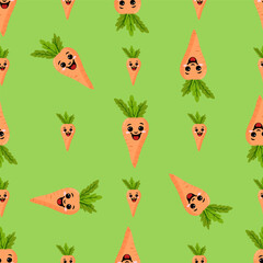A seamless pattern with a funny carrot. Funny carrots in a seamless Design.green background