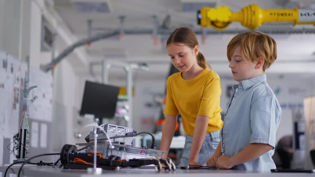 Two classmates working togeter on circuit board, building robot in after-school robotics club. Children learning robotics in Elementary school.