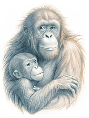 Tender moment between an orangutan mother and her baby in a lush jungle. This heartwarming, detailed illustration captures the essence of love, protection, and the beauty of wildlife conservation.