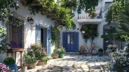 Greek inn featuring whitewashed walls, blue shutters, and vibrant garden oasis with lush greenery